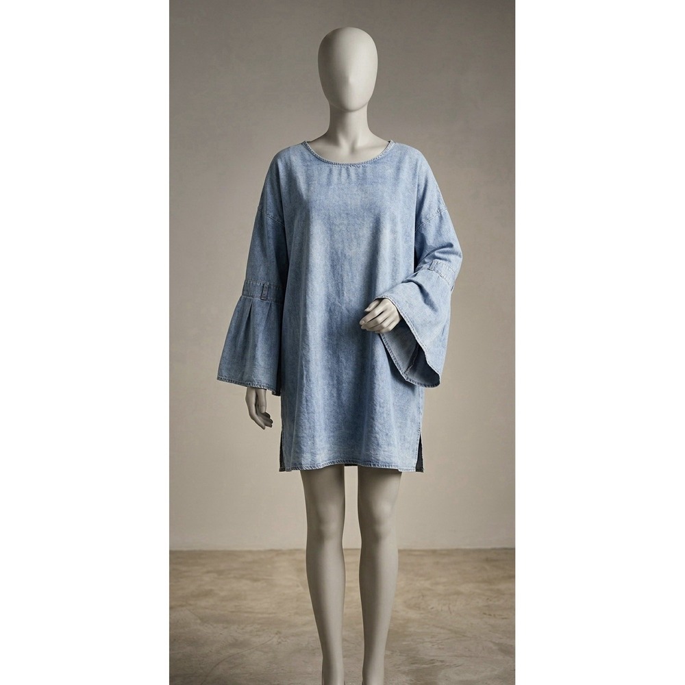 Ursime Denim 4XL Indigo Blue Bell Sleeve Retro Tunic Chambray Acid Wash Dress